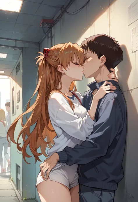 1girl, souryuu asuka langley, neon genesis evangelion,long hair,master piece,ultra high res,standing,sleepwaer,deep kissing