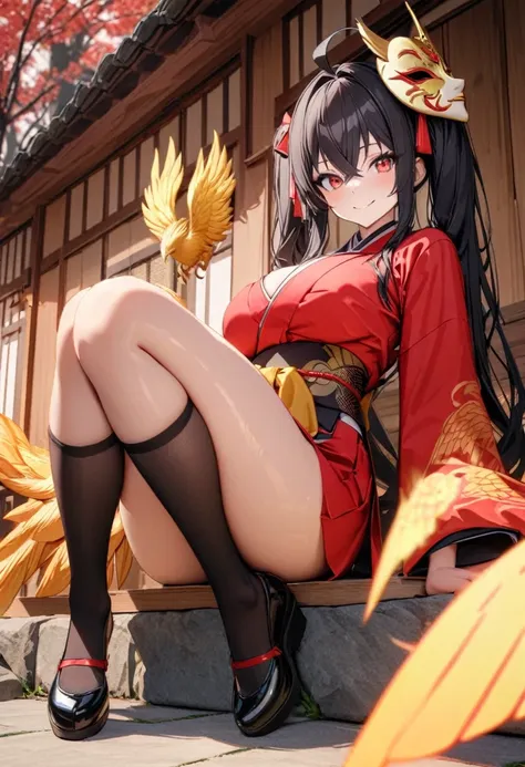 a woman using helm shoes, smile, crossed bangs ,red eyes, red kimono, short hakama, skirt,golden phoenix mask on head. black soc...