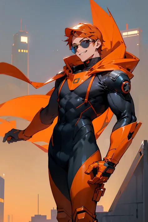 1male, dark orange hair, bright orange visor glasses, black and orange super suit, hoodie, smiling, grinning, city background, detailed background, detailed face, standing, walking on path, hands to side