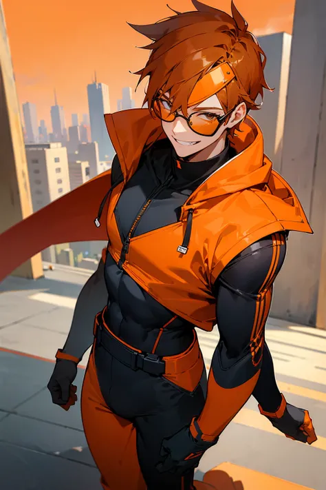 1male, dark orange hair, bright orange visor glasses, black and orange super suit, hoodie, smiling, grinning, city background, detailed background, detailed face, standing, walking on path, hands to side