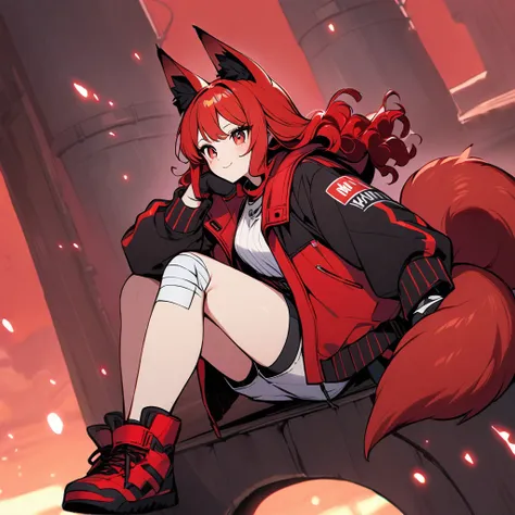 (well done:1) woman, short red, slightly wavy hair, red fox ears and tail, bulky red winter jacket with black details, white shirt, white shorts, bandage on the knee, red sneakers.