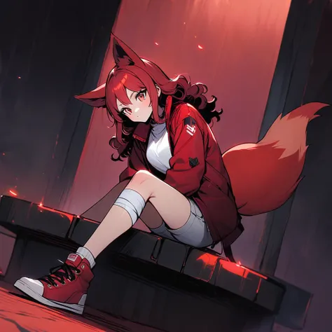 (well done:1) woman, short red, slightly wavy hair, red fox ears and tail, bulky red winter jacket with black details, white shirt, white shorts, bandage on the knee, red sneakers.