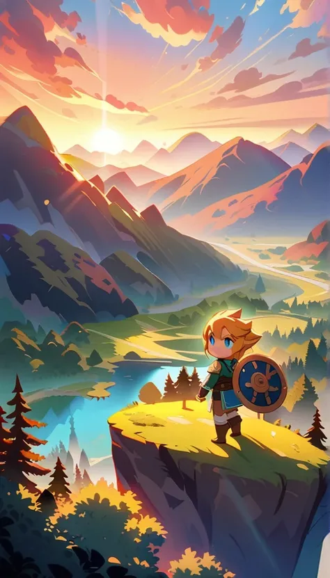 a chibi Link character from The Legend of Zelda, adventuring in a fantasy landscape, cute, whimsical, 1boy, beautiful detailed eyes, beautiful detailed lips, extremely detailed face, longeyelashes, tunic, sword and shield, forest, mountains, clouds, sunlig...