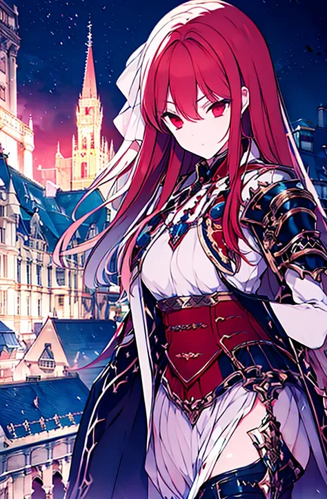 4k,hight resolution,one woman,bright red hair,longhaire,red eyes,knights,white sacred armor,jewel decorations,big sword,medieval...