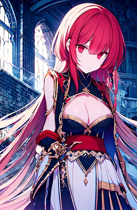 4k,hight resolution,One Woman,Bright red hair,Longhaire,red eyes,knights,white sacred armor,jewel decorations,Big sword,medieval town,furious,