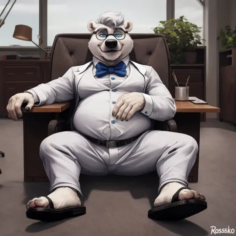 chubby polar bear dad office suit sandals, white shirt bow tie, slightly well built , glasses with blue eyes, crest on the head, White hair, levitation, relaxing, spread legs, Detailed white feet with five toes, Disney profile, the whole body is smug , hig...