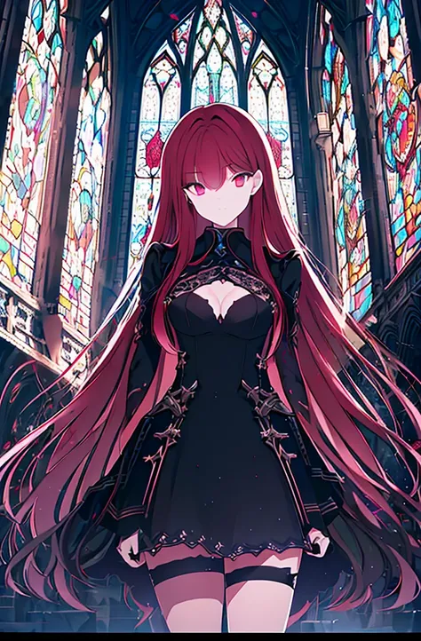 extremelydetailedwallpaper, Ultra-detailed details, detailed shadow, very precise detail, Extremely detailed 8k wallpaper, very fine 8KCG wallpapers,An old abandoned church.  Her black dress was torn and stained in some places. red hair was long and fluffy...