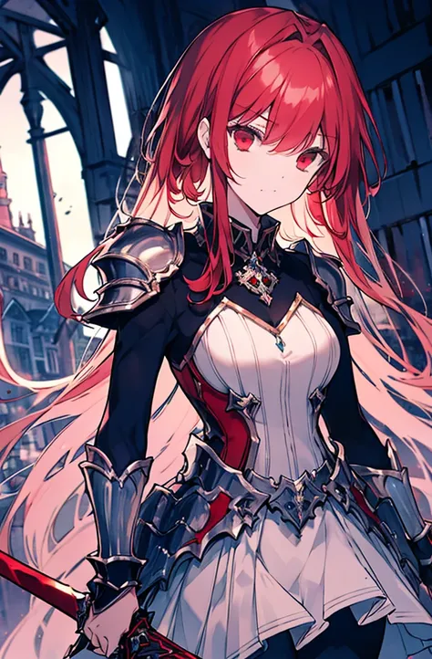 4k,hight resolution,one woman,bright red hair,longhaire,red eyes,knights,white sacred armor,jewel decorations,big sword,medieval...