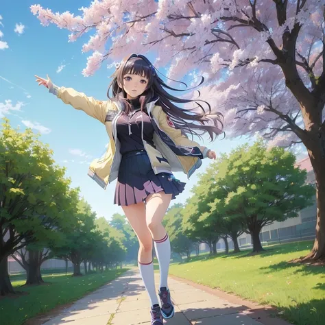 anime girl in a short skirt and jacket walking down a path, the anime girl is running, smooth anime cg art, beautiful anime high school girl, anime style 4 k, anime art wallpaper 8 k, high detailed official artwork, anime art wallpaper 4 k, anime art wallp...