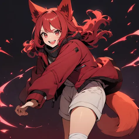 (well done:1) woman, short red, slightly wavy hair, red fox ears and tail, bulky red winter jacket with black details, white shirt, white shorts, bandage on the knee, red sneakers.