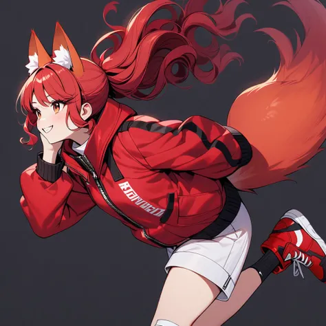 (well done:1) woman, short red, slightly wavy hair, red fox ears and tail, bulky red winter jacket with black details, white shirt, white shorts, bandage on the knee, red sneakers.