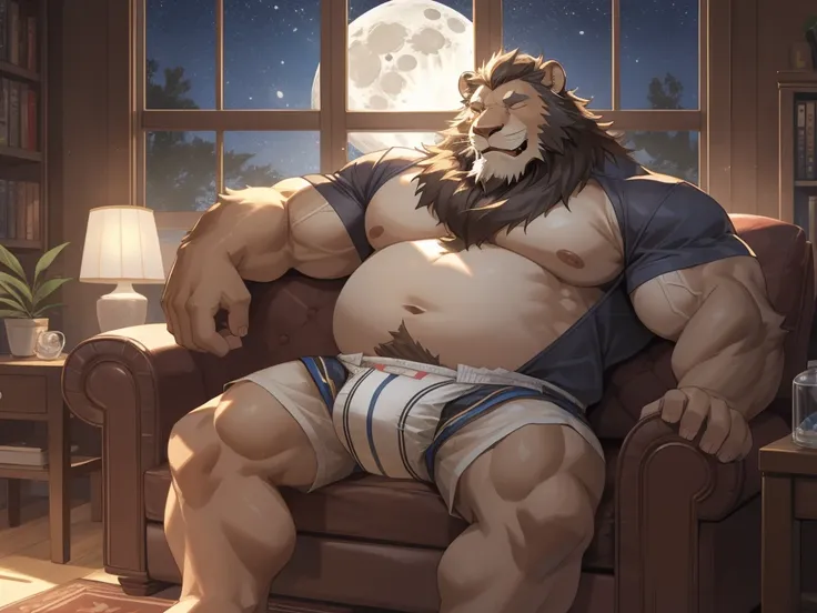 Old lion grandpa sleeping on a small couch, strong muscles, big round belly, wearing only a diaper, happy face, living room, window, moon light, solo character, by adios, by lindong