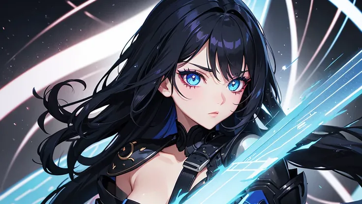 Make me a Anime woman with black hair and left eye with bright blue eyelashes and the right eye with blue eyes. She has red lighting around her. And her name is Rue Wolflone 