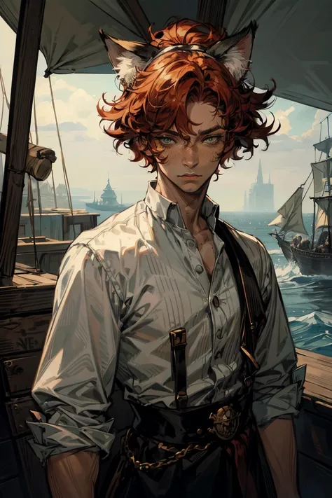 1 boy, upper body, red fluffy hair, ((some big cat ears)), green eyes, long eyelashes, beautiful detailed eyes, White shirt, pirate setting, maritime atmosphere, (cat tail), soft light, beautiful detailed nose, 8 K, masterpiece, I look at the viewer
