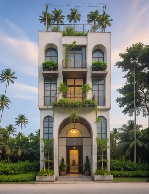 headquarter of local caft resort , coconut trees, greenery landscape, along the white beach, clear sky, sunrise time, warm light...