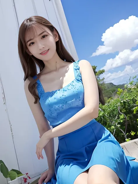 1woman, smiling,smart shaped face, crystal clear white skin,portrait, slender, ((wearing a blue-sky sweeter and long skirt))