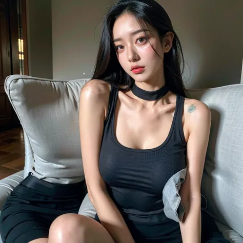 best quality, beautiful shape, ultra high res, (photorealistic:1.4), perfect girl, pretty girl, tanktop black shirt, black tight skirt, black choker, (faded ash gray hair:1), medium breasts, looking at viewer, closeup, (pretty face) , southeast asia girl. 