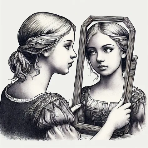 a drawing of a girl looking in a mirror, with a mirror, thief pajamas, looking in the mirror, looking in a mirror, looking in a ...