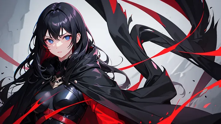 make a girl with black hair and red and blue eyes with Red lighting around her, in all black clothing and wearing a black cloak with fur around it 