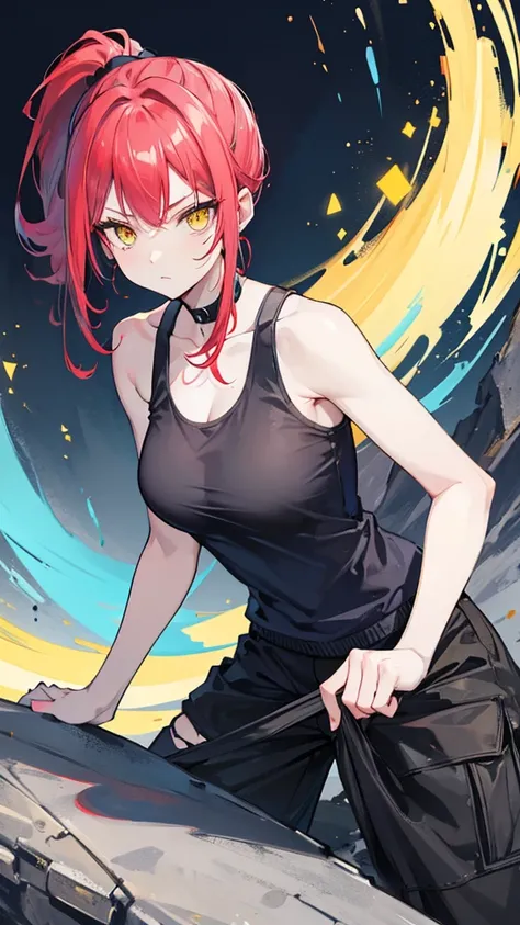 woman, light blue skin, crimson hair in ponytail, yellow eyes with black slit pupil, black tank top