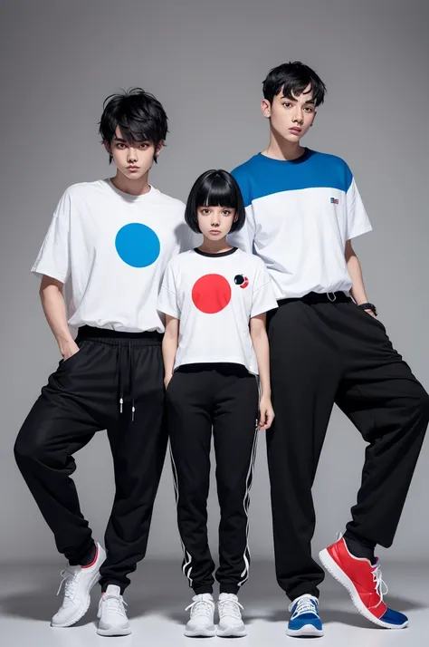 Me Fassa a male character with black hair and bangs on his forehead and a white face with red on the other left shirt. Black and a blue dot in the middle black pants with a white dot black and blue sneakers on top 