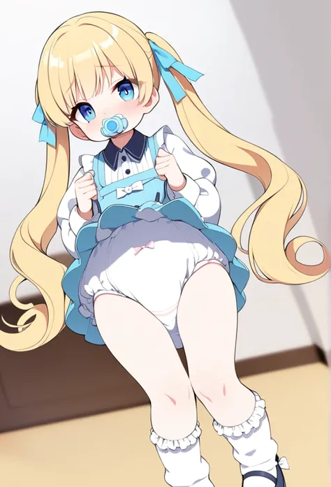 blue eyes,long eyelashes,frilly baby blue pinafore dress,standing,collared blouse,big puffy short white sleeves,hair ribbons,,big puffy diaper,frilly ankle socks,mary jane shoes,curly pigtails,blonde hair,solo,masterpiece,fullbody,(big puffy diaper),diaper...