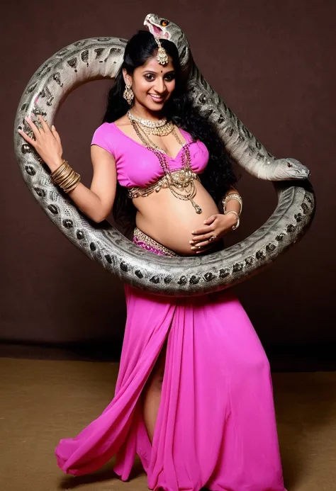  Pregnant Happy Horny, aroused 1girl), beautiful indian young teen belly dancer wearing pink  thong with  giant colossal titanaboa monster squeezing her hard, wrapped in thick spiraling coils, constricted, struggle, gasping for air, snake attack, snake per...