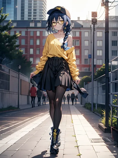 you like it, Umi Sonoda, Long Hair, Blue Hair, (Yellow Eyes:1.5) (Flat Chest:1.2),Blue one-shoulder sweater,Long skirt,Black pantyhose,short boots,Baseball hats,Black-rimmed glasses,Long braids,smile,Walking,morning,morning陽,The sun is rising,On the way to...