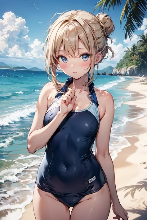 (NSFW:1.1), masterpiece, Highest quality, Ultra-high resolution, Highest Resolution, Very detailed, cowboy shot, very cute, Complete limbs, Shining Eyes, Full Finger, Slender beauty, Blonde Bun Hair, Embarrassed look, Writhing expression, school swimsuit, ...