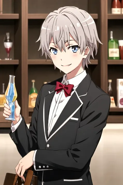 totsuka_saika_yahariorenoseishunlovecomewamachigatteiru
grey_hair, short_hair, male_focus, blue_eyes, smile, conejita Playboy, traje de Playboy, medias de red, pecho plano 