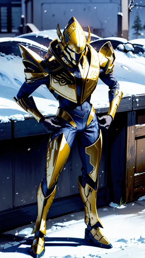 sangheili, alien, armor, gold armor, helmet, bodysuit, arctic, snow, best quality, masterpiece, detailed, full body, standing, l...