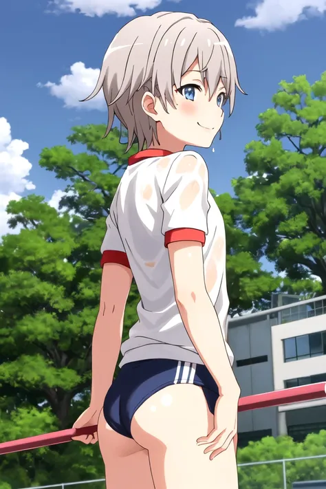 totsuka_almost_yahariorenoseishunlovecomewamachigatteiru grey_hair, short_hair, male_focus, blue_eyes, blush, smile, gym uniform...