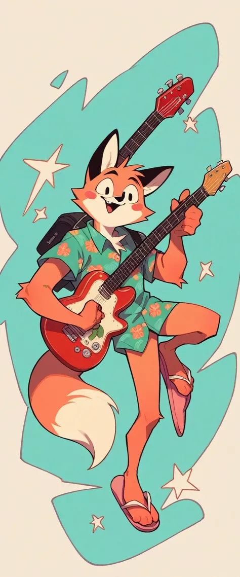 A pale red fluffy fox in a full-length turquoise Hawaiian shirt and flip-flop slippers holds in his hands a guitar case that is covered in stickers and stamps
