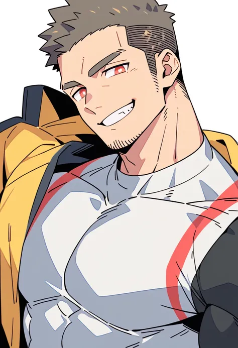 anime characters：Priapus, Dark Yellow Skin Muscle Sports Student, Manliness, male focus, Sports tight hooded sweatshirt, Under Armour Brand, Wear a high-necked tights underneath, Very tight, Huge pectoral muscles, muscular male, muscular, Perfect muscular ...