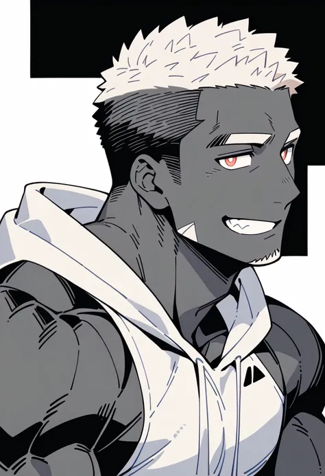 anime characters：priapus, black black skin muscle sports student, manliness, male focus, sports tight hooded sweatshirt, under a...