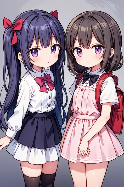 A masterpiece of two beautiful anime girls standing together, one with a backpack and a bow tie, in an anime moe artstyle. The scene should be in the style of Kantai Collection and Yuruyuri, with an ecchi anime influence. Both girls should have a cute anim...