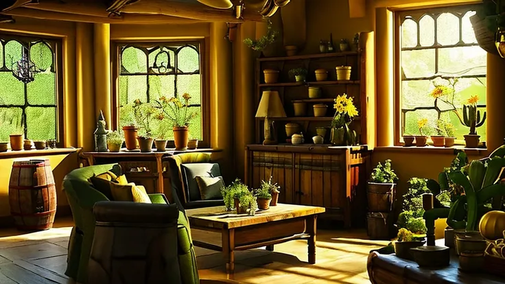 hufflepuff common room,fantasy,yellow,fantasy,cozy rooms,barrels are stacked,low ceiling,round window,bright atmosphere,potted c...