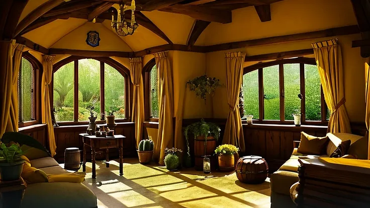 hufflepuff common room,fantasy,yellow,fantasy,cozy rooms,barrels are stacked,low ceiling,round window,bright atmosphere,potted c...