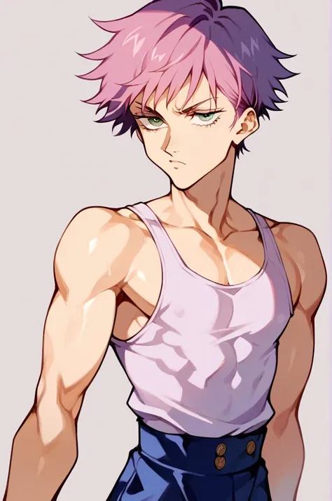 An androgynous boy with pale skin, green eyes with a relaxed look, long dark purple hair and pink parts, tight black high-neck tank top, no experience of jujutsu kaisen