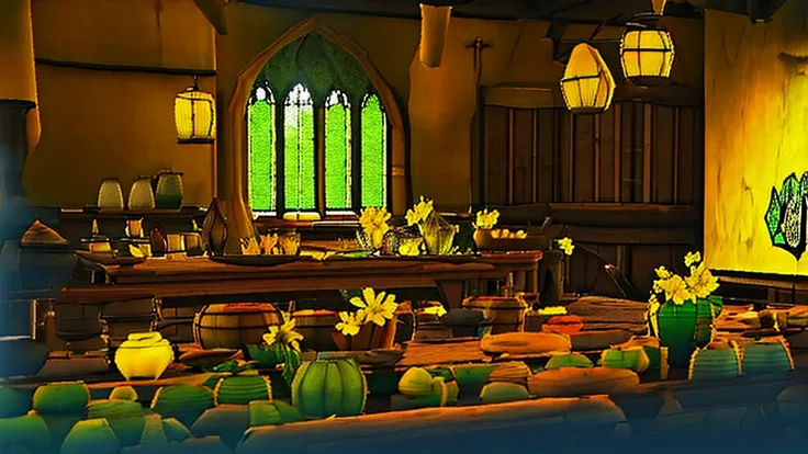 hufflepuff common room,fantasy,yellow,fantasy,cozy rooms,barrels are stacked,low ceiling,round window,bright atmosphere,potted c...