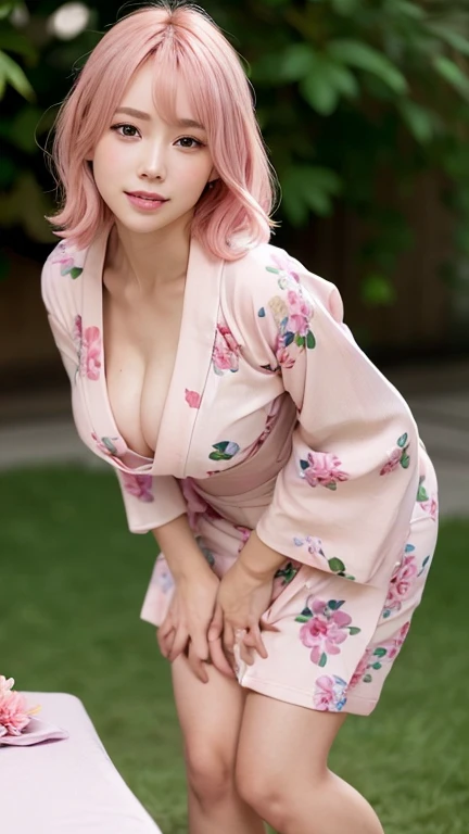 (NUDE:1.4),(orgasm face:1.5),(leaning forward:1.3), (hands on knees:1.3),(Pink Hair :1.3),(Tabletop, Highest quality:1.4), ,The most beautiful in the world, 8k, 85mm, Absurd, (Floral Yukata:1.4), Upper Body, Exposing the breasts、 violet, Gardenia, Delicate...