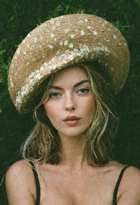 medium format portrait photography, pretty supermodel, flowers as a hat, by j flynn, cleavage, hand, eyes, posing for the camera...