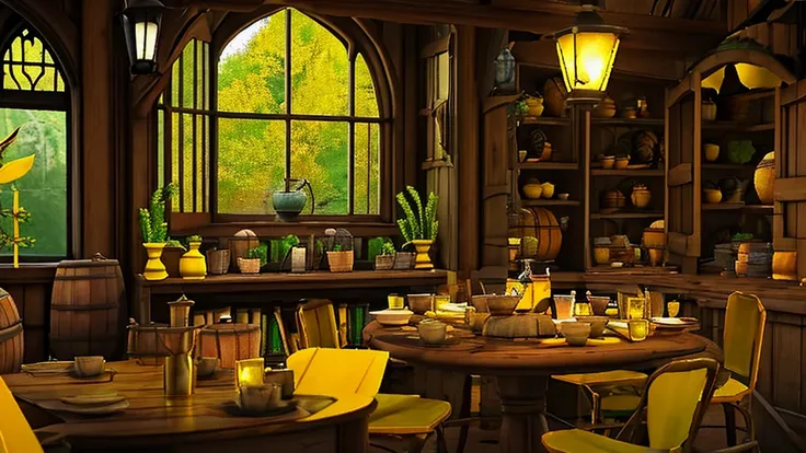 hufflepuff common room,fantasy,yellow,fantasy,cozy rooms,barrels are stacked,low ceiling,round window,bright atmosphere,potted c...