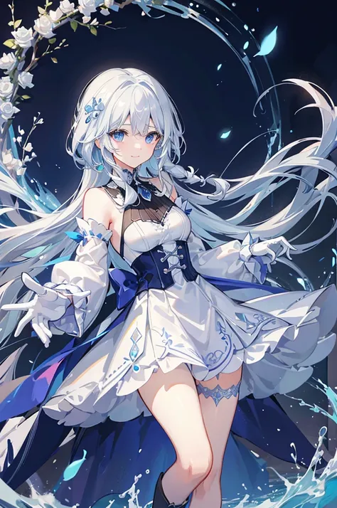 a woman with white hair and blue eyes、adult、long, fluffy wavy hair、braiding、wearing hair ornaments、smiling、elegant and ladylike、...