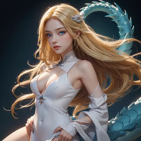 A beautiful woman and she has long, blonde hair with blue eyes and she has white skin and a small nose shaped like a dragon. 