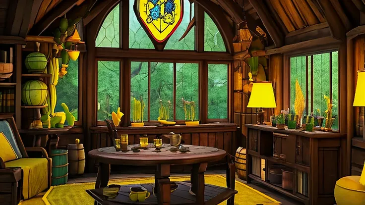 hufflepuff common room,fantasy,yellow,fantasy,cozy rooms,barrels are stacked,low ceiling,round window,bright atmosphere,potted c...