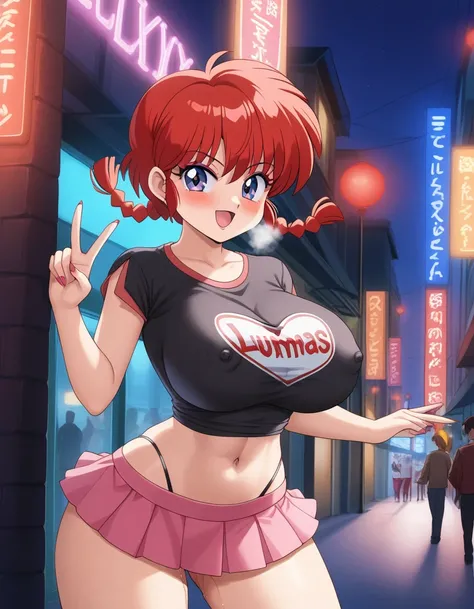 1girl, background, (ranma-chan), blush, red hair, big breasts, tomboy, one short pigtail, nighttime, hot breath, open mouth, dimmed lighting, standing, city, big ass, wide hips, toned body, wearing slutty prostitute outfit, micro skirt, midriff, prostitute...