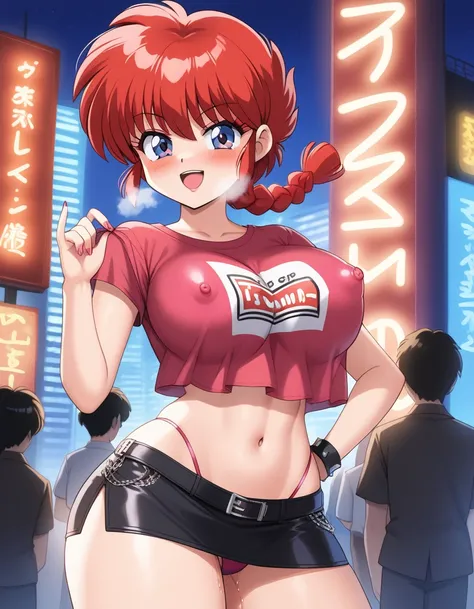 1girl, background, (ranma-chan), blush, red hair, big breasts, tomboy, one short pigtail, nighttime, hot breath, open mouth, dimmed lighting, standing, city, big ass, wide hips, toned body, wearing slutty prostitute outfit, micro skirt, midriff, prostitute...