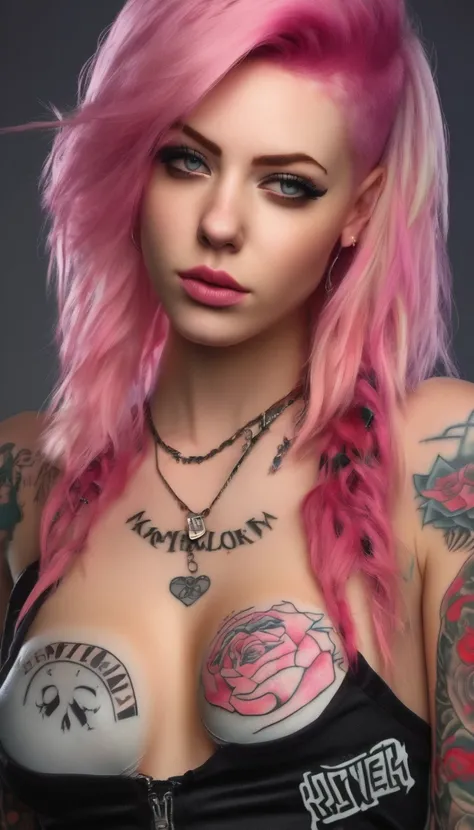 Young adult woman 22 years realistic, sexy with medium tits, modern punk style similar to harley queen, with long blonde and a little pink hair, with a broken heart tattoo full body