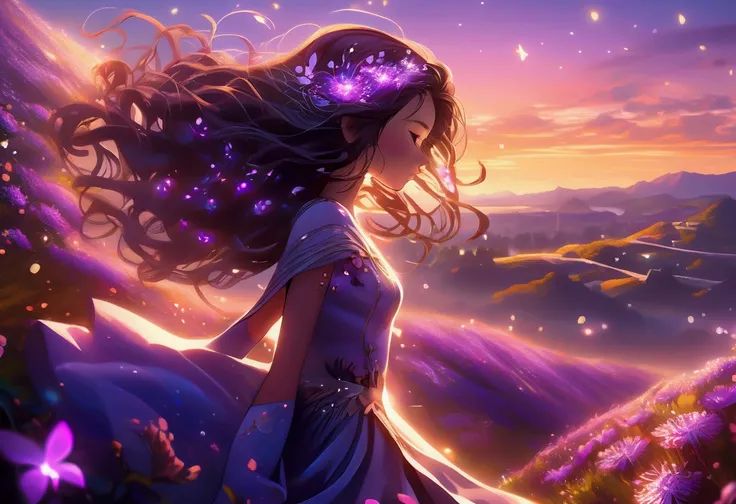 3D anime art, young woman on a hill covered in luminescent purple flowers, wind blowing through her hair, petals floating around, magical twilight setting, intricate details, glowing elements, vibrant and serene, high resolution
